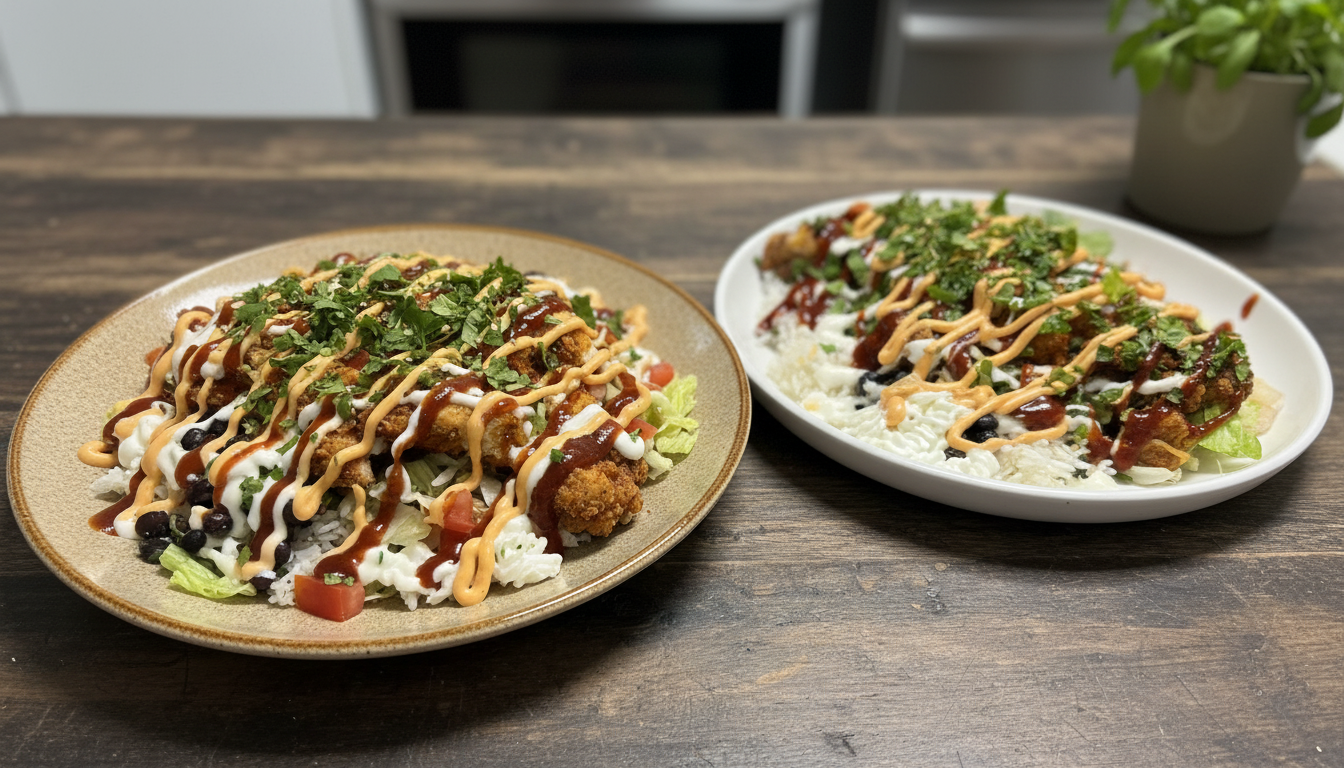 Crispy chicken rice bowls with sauces