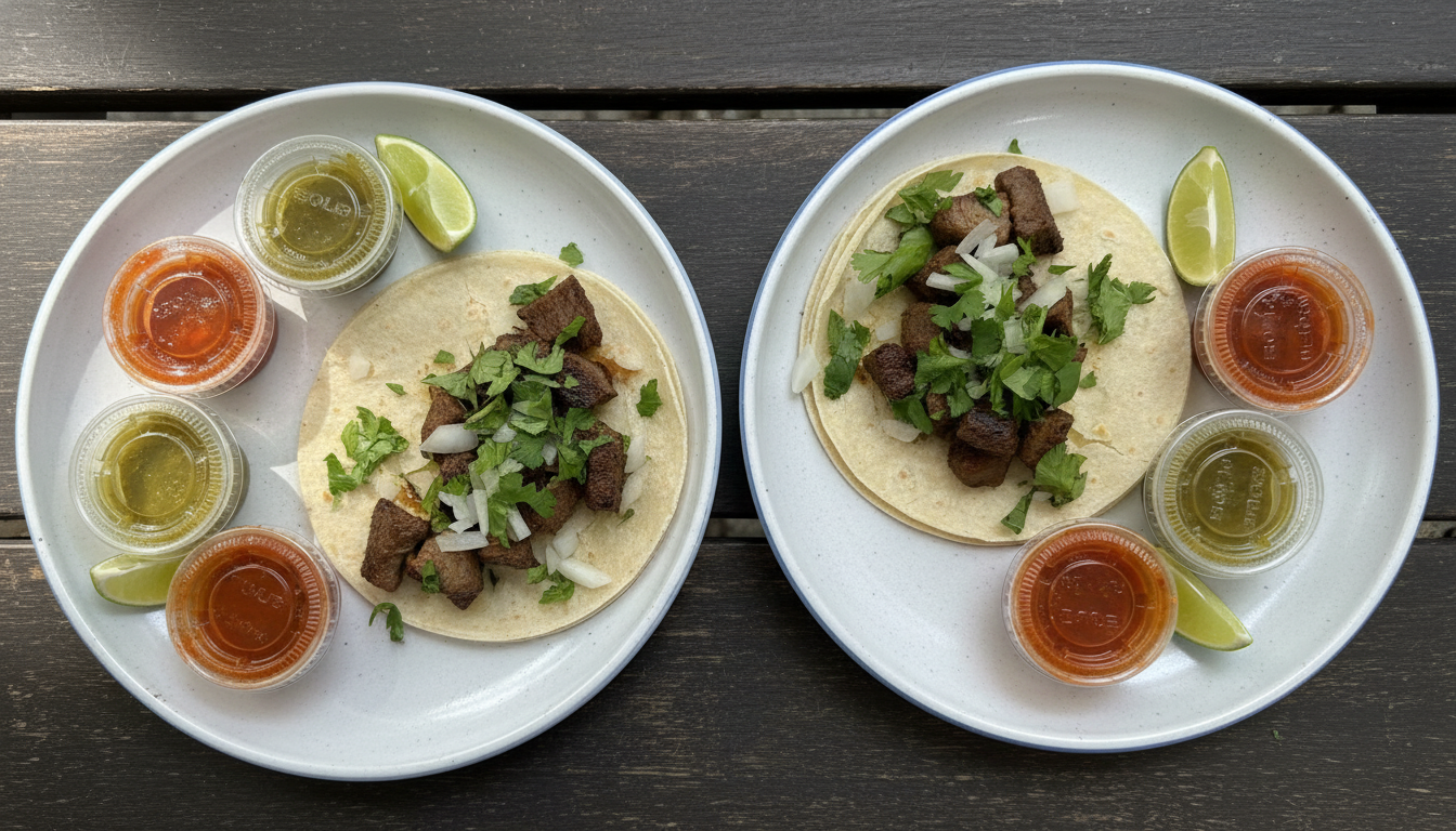 Steak street tacos with salsas and lime